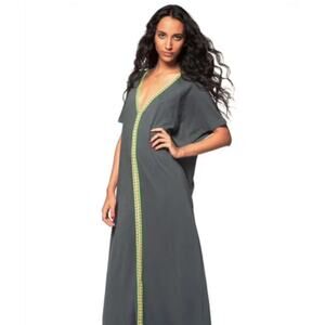 nwot PITUSA Dress O-S Black Neon-Green/Yellow-Orange-Trim Pima-Cotton Maxi”Abaya